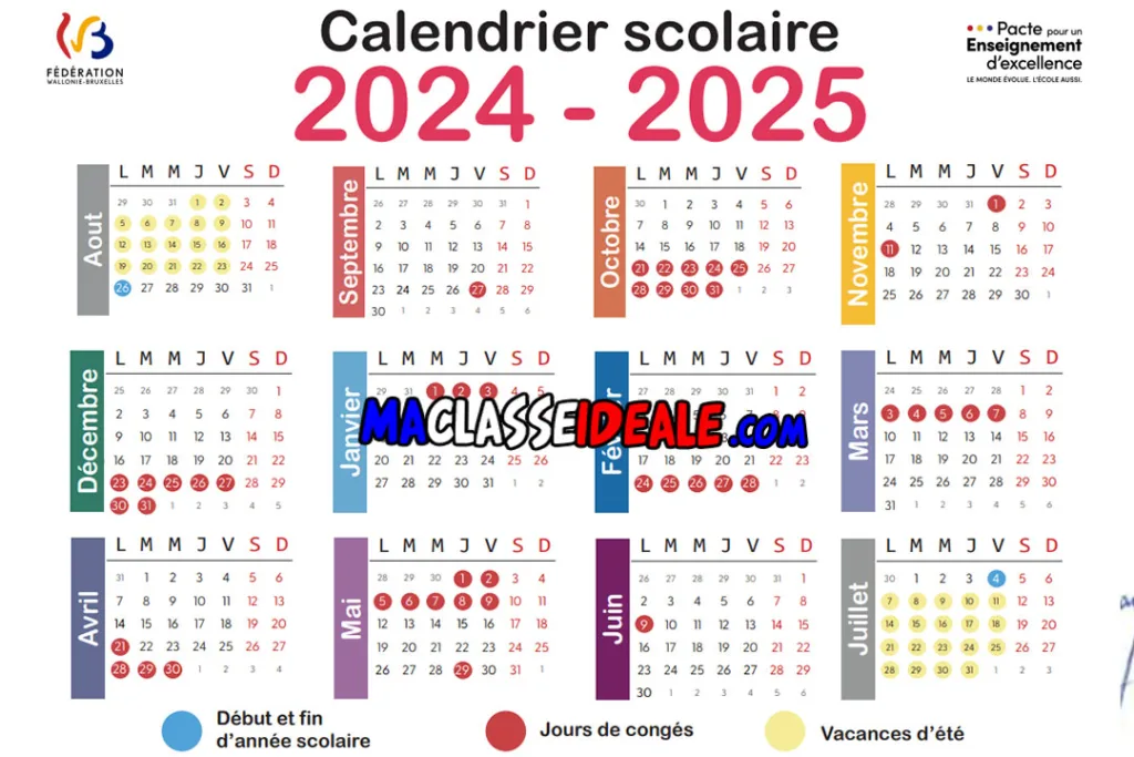 Calendrier de l'Enseignement obligatoire 2024-2025 - Belgique