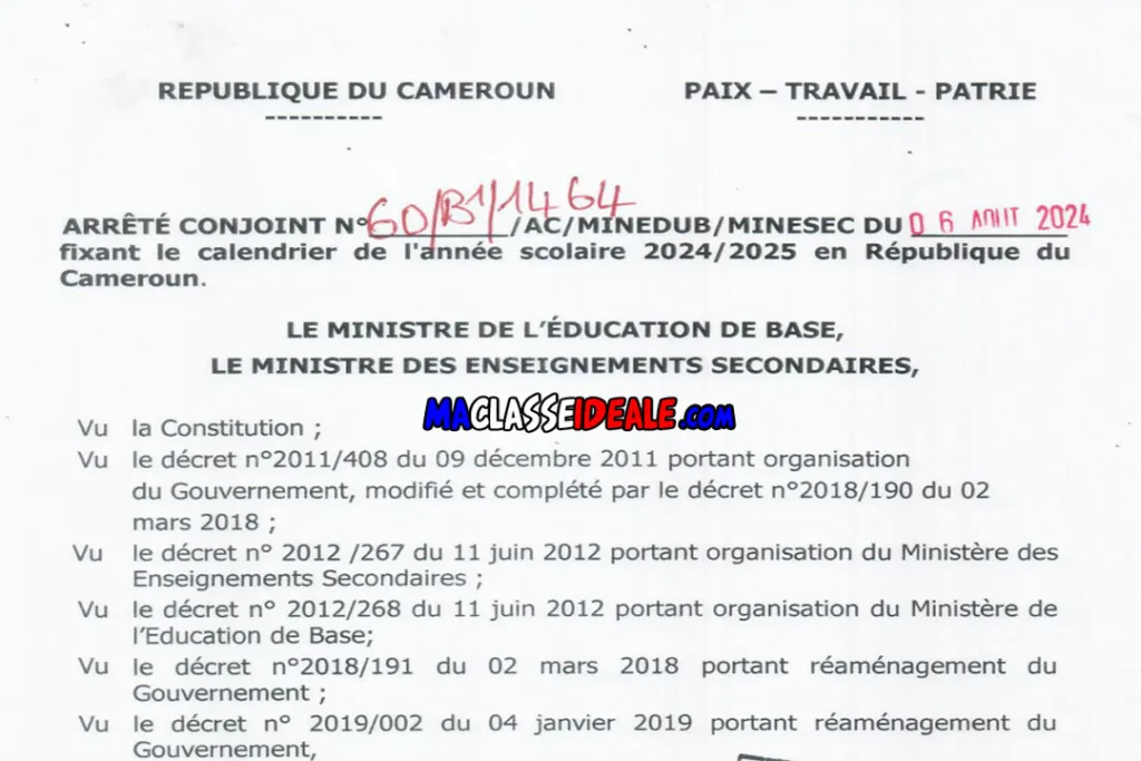 Calendrier scolaire Cameroun 2024-2025