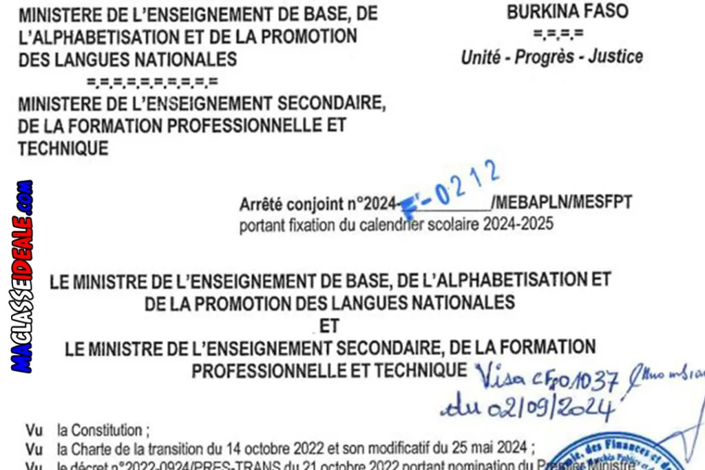 Calendrier scolaire de l'année scolaire 2024-2025 Burkina Faso