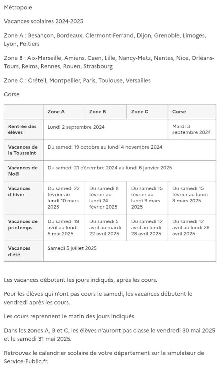 Vacances scolaires France 2025