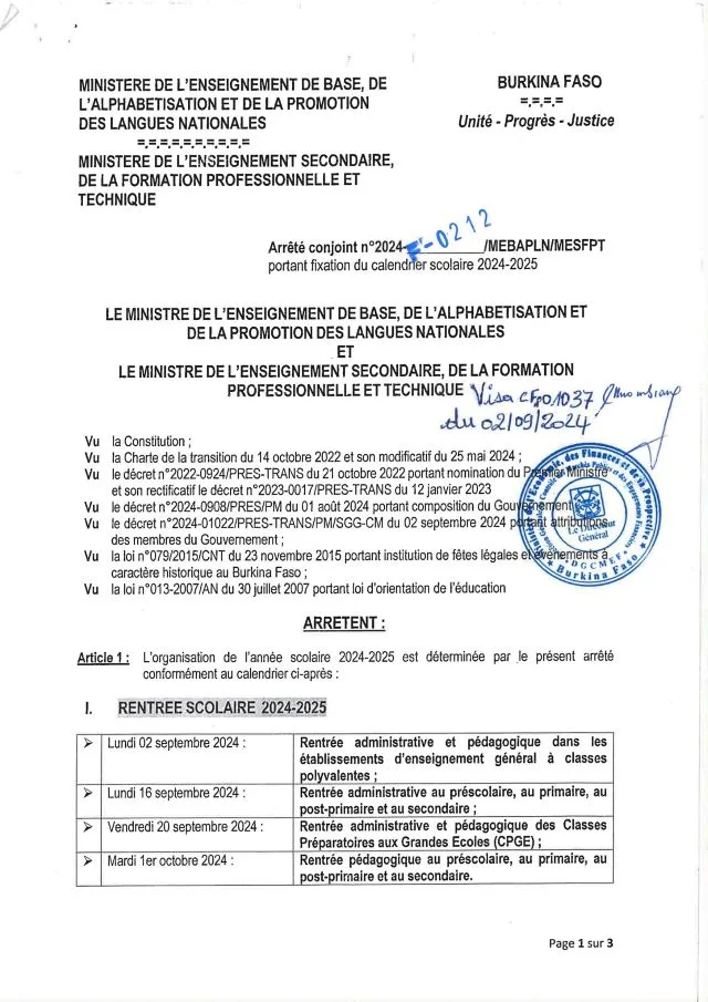 Calendrier scolaire de l'année scolaire 2024-2025 Burkina Faso