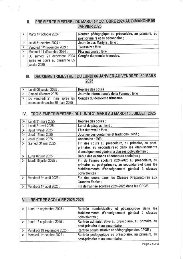 Calendrier scolaire de l'année scolaire 2024-2025 Burkina Faso