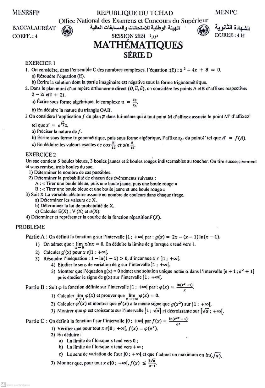 Sujet Mathématique Terminale série D République du Tchad 2024 PDF