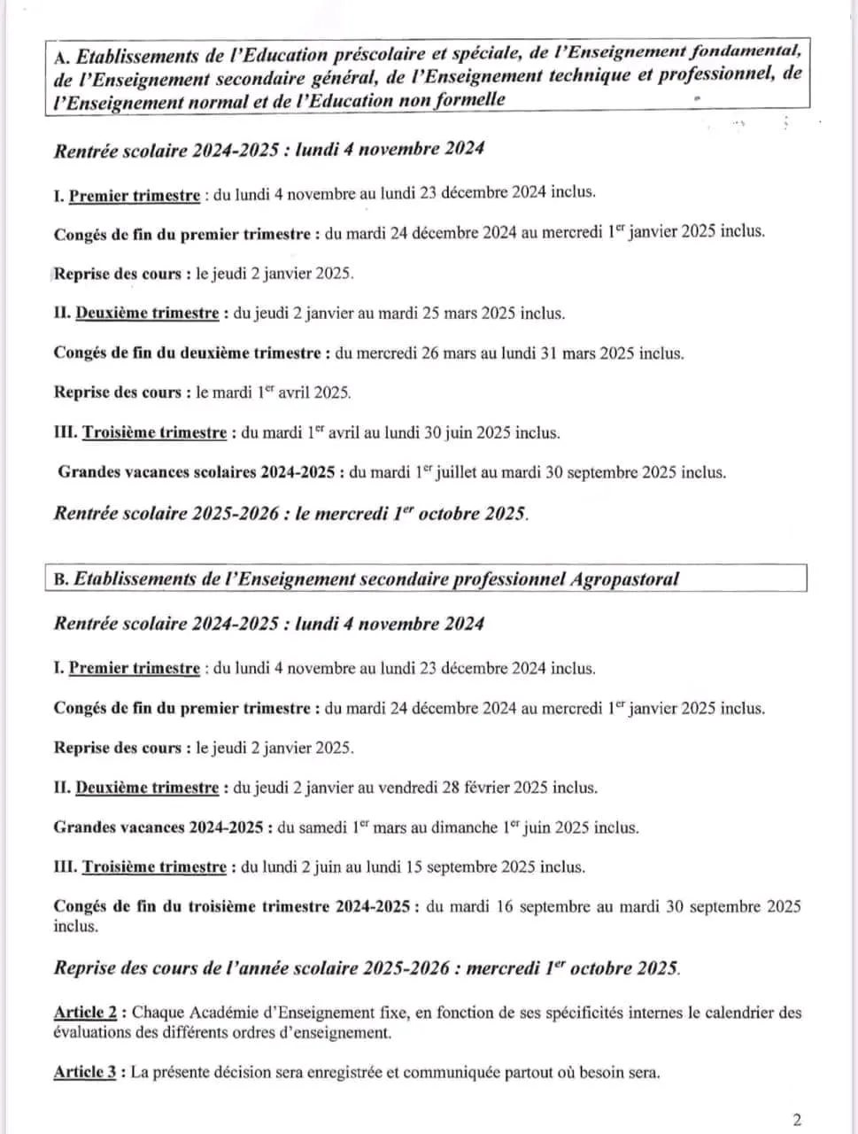 Vacances scolaires 2025 Malie